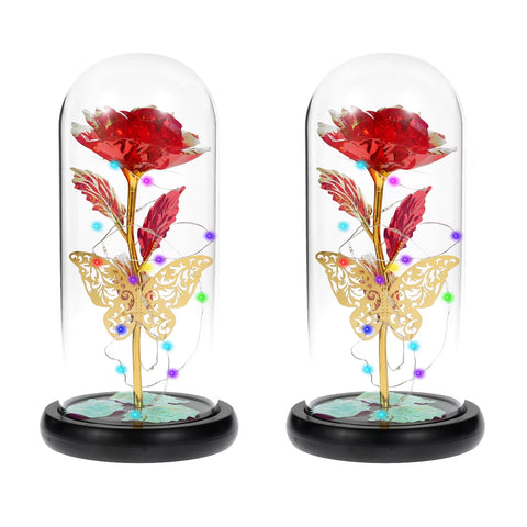 Artificial Galaxy Rose Lamp with Butterfly and Colorful LED Flowers in Glass - Battery Powered Gift for Weddings